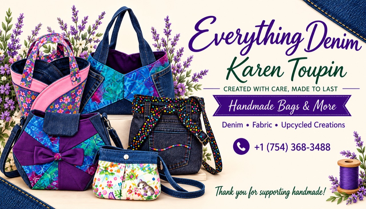 A selection of Karen’s designs: floral and pink totes, blue patchwork denim, a purple bow bag, and a small floral purse